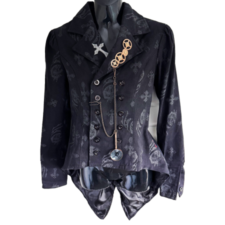 gothic crosses print women's jacket with steampunk trim